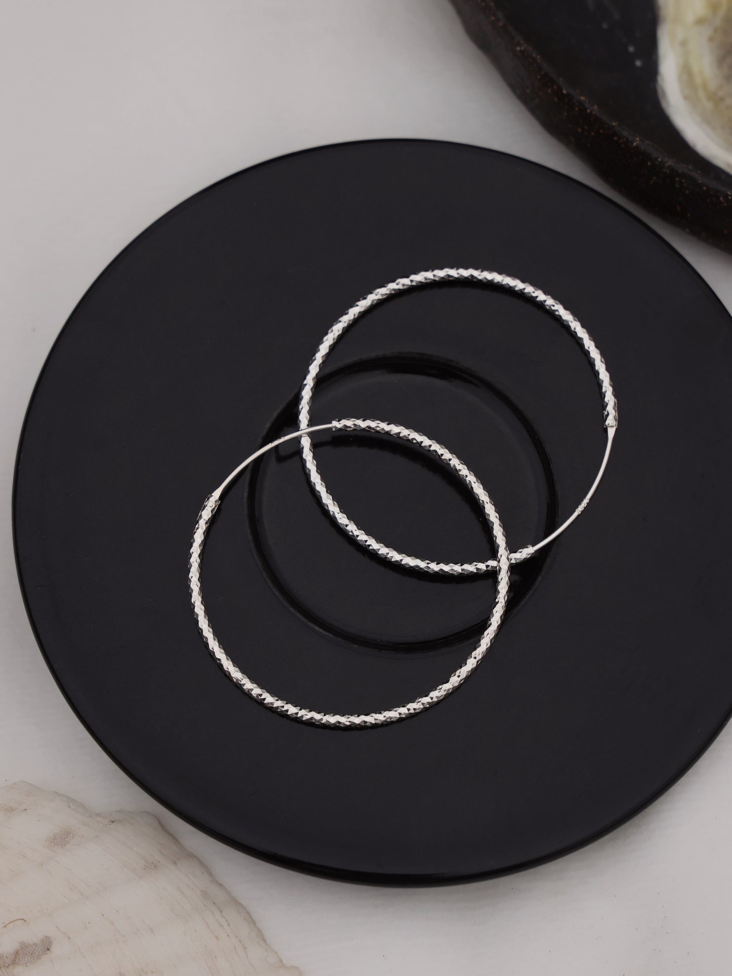 Silver Diamond-Textured Large Hoop Earrings