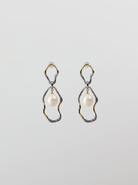 Asymmetrical Double Hoop Pearl Dangle Earrings