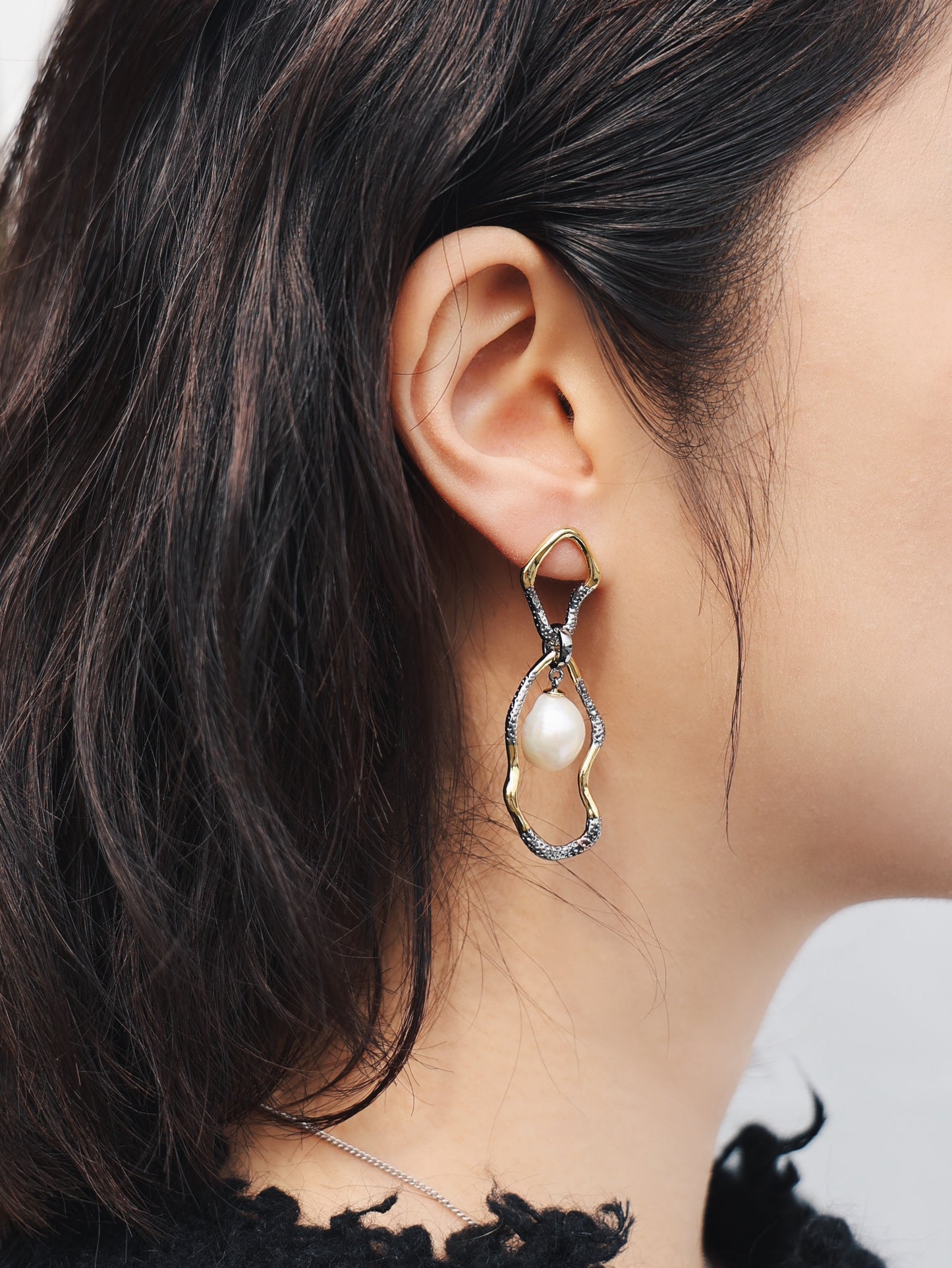 Asymmetrical Double Hoop Pearl Dangle Earrings