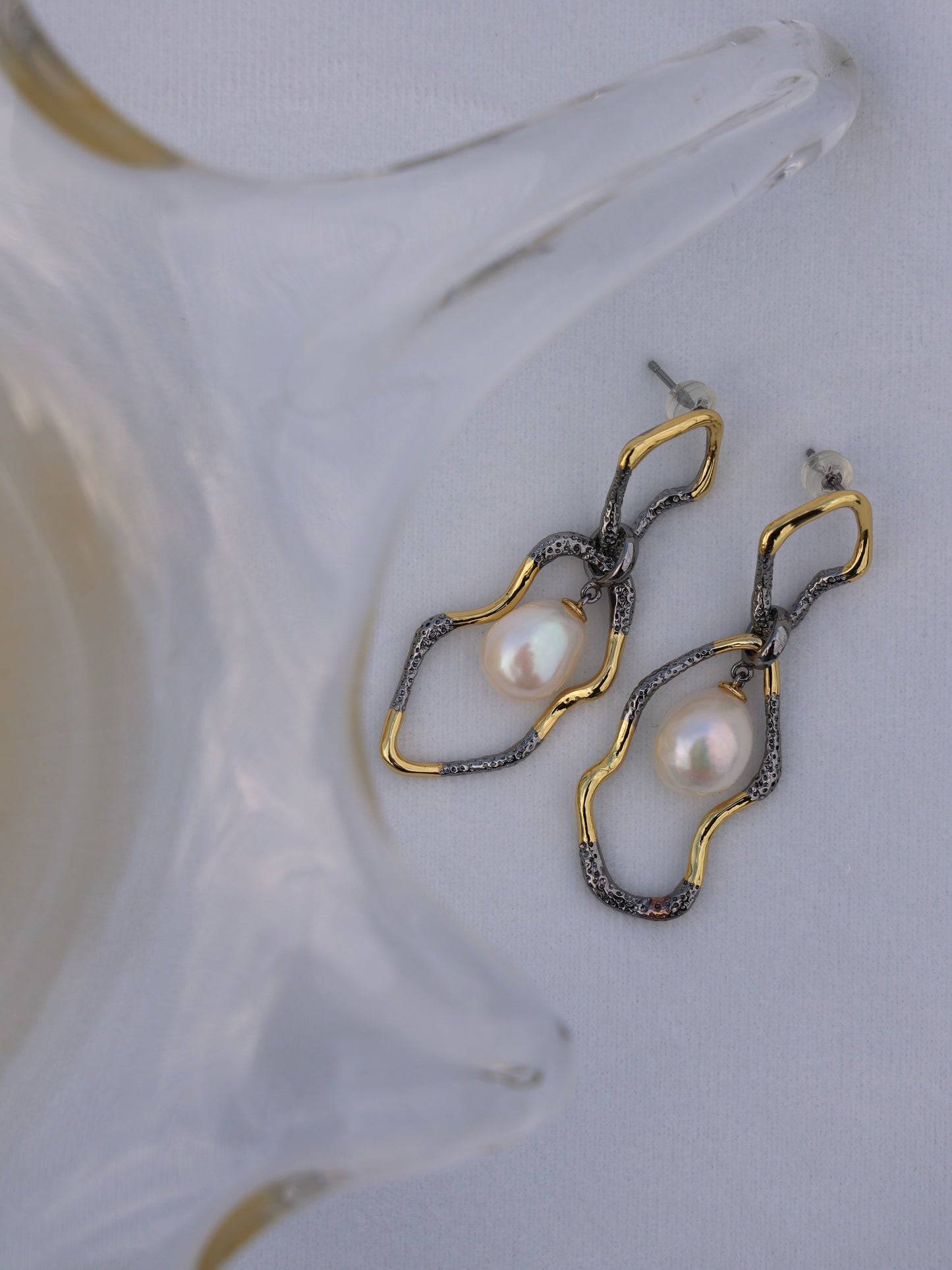 Asymmetrical Double Hoop Pearl Dangle Earrings